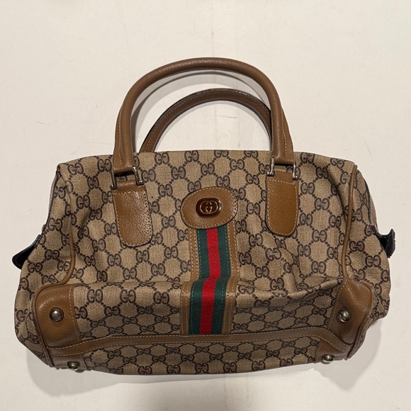 Gucci Handbags - Gucci Vintage Tan and Brown Satchel with Signature Stripe